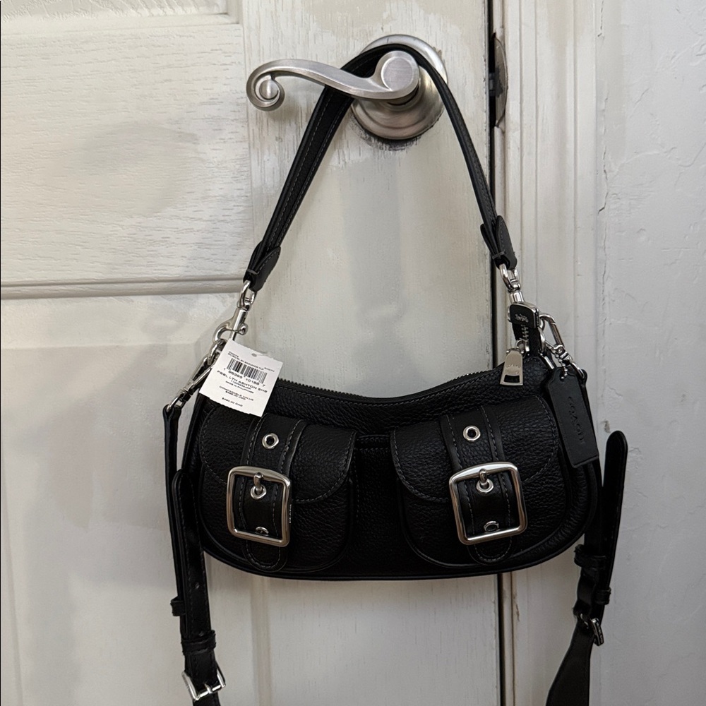 Black Leather Shoulder Bag with Silver Buckles
